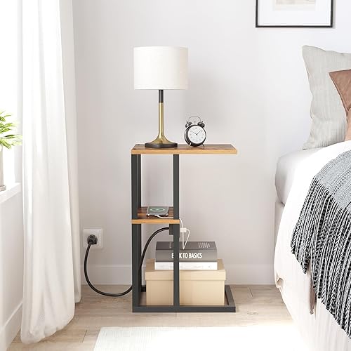 Miniatura 53 de TUTOTAK Mesa auxiliar en forma de C con estación de carga, juego de 2, bandeja de sofá TV con 2 puertos USB y tomas, mesa auxiliar de sofá para Gris