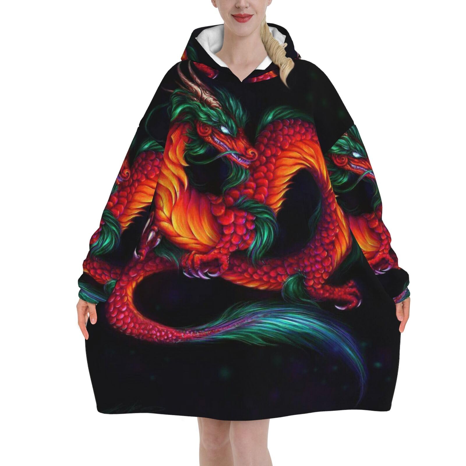 Jmorco Chinese Dragon Blanket Hoodie Oversized Wearable Hooded Blanket Warm Throw Blanket Sweatshirt For Women Men Teens 320g Flannel