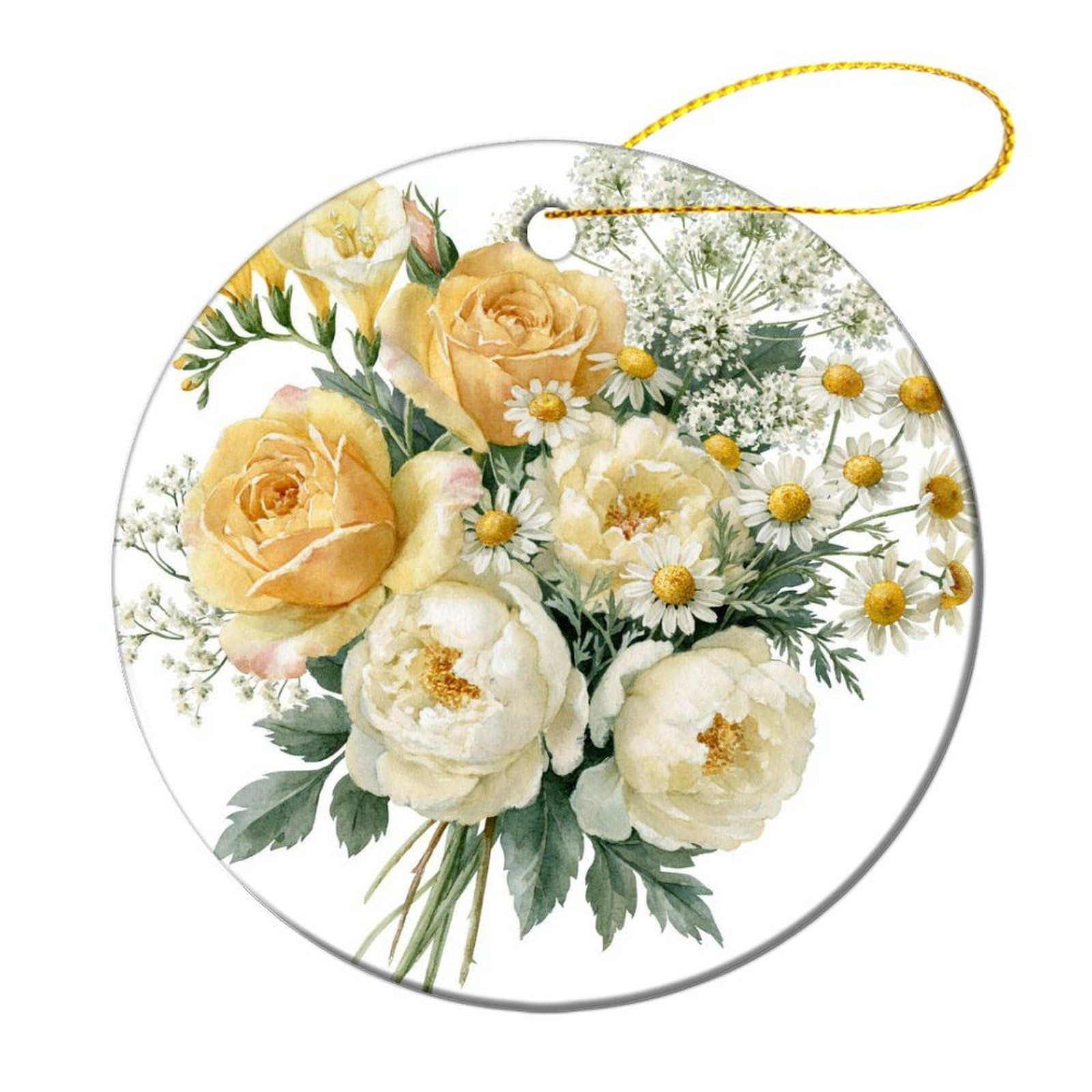 Watercolor Floral Bouquet Roses Cream Peonies Christmas Tree Hanging Ornaments,2 Pieces, 7.2CM Round Double-Sided