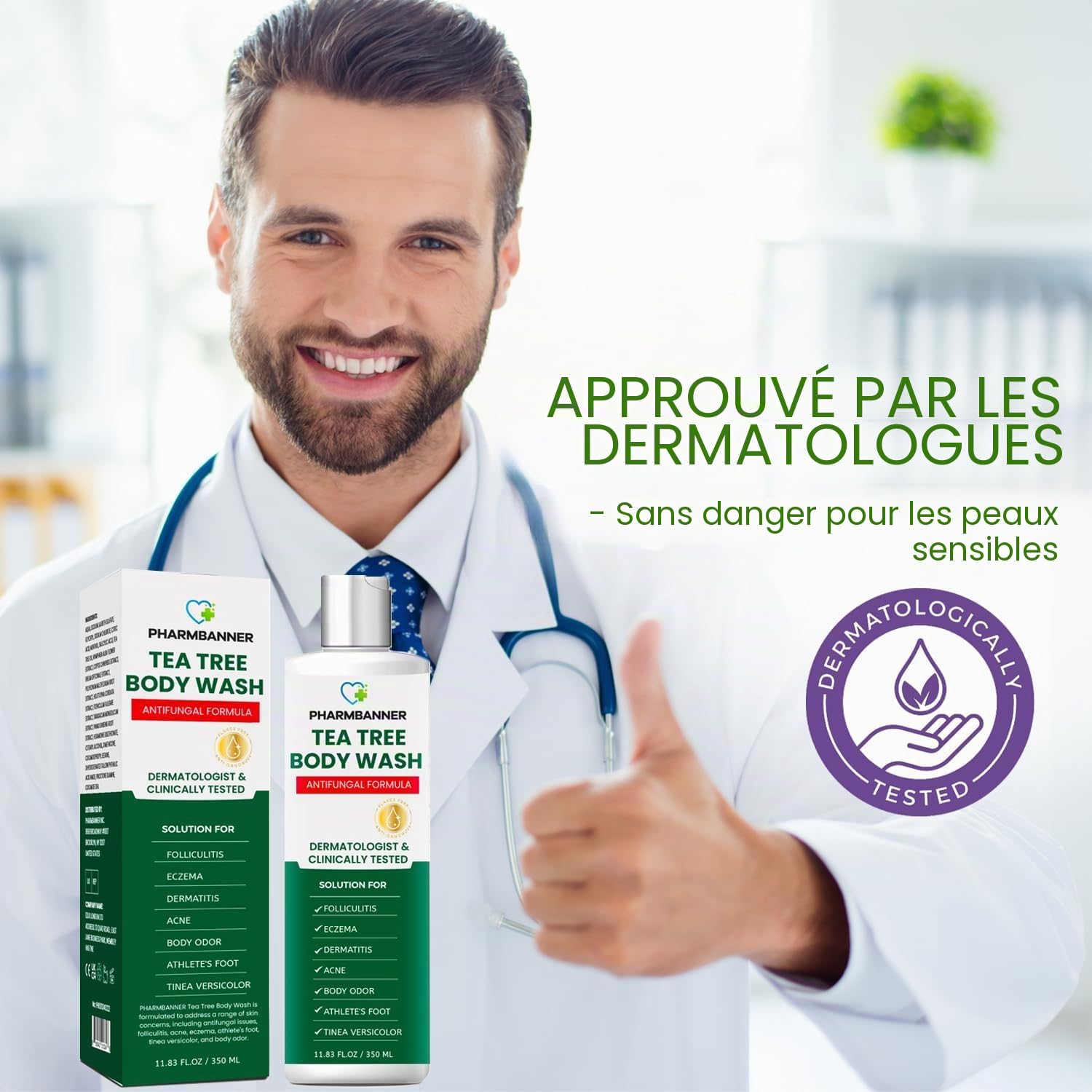 Tea Tree Gel douche antifongique : traitement de la folliculite pour la peau sujette à la dermatite, l'acné du visage et du corps, démangeaisons, pied d'athlète, teigne, tinea versicolor, odeur