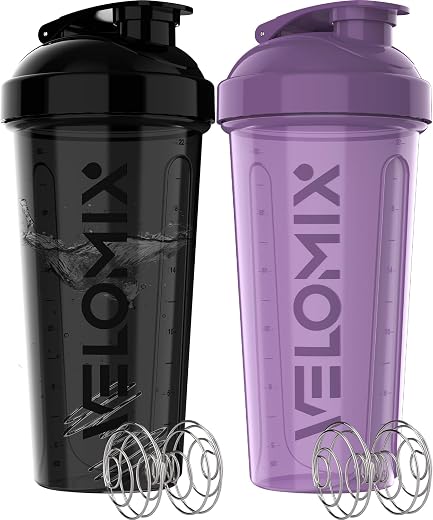 VELOMIX -2 Pack- 28 oz Protein Shaker Bottles Purple/Black