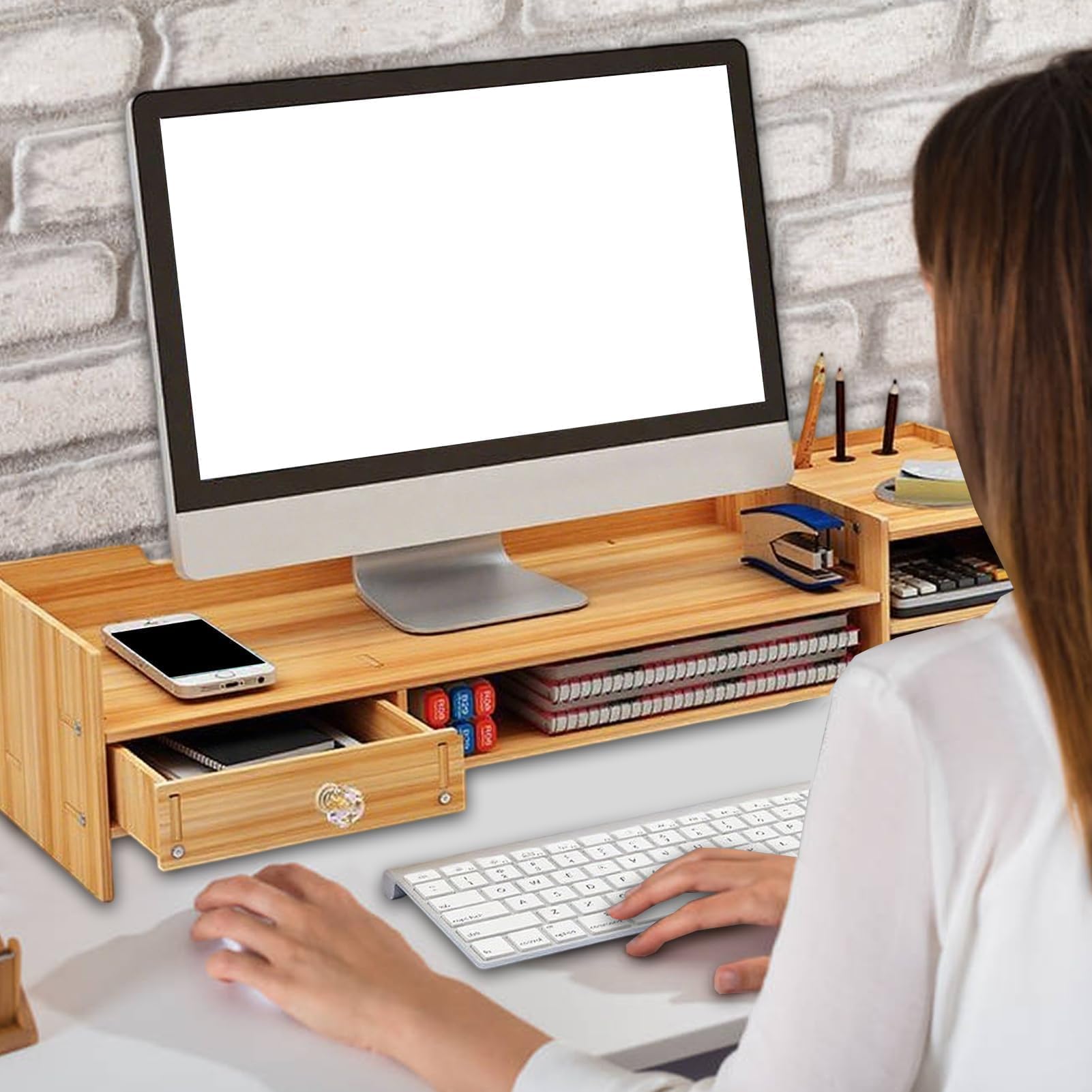 Supporto per monitor in legno, organizer salvaspazio da scrivania per laptop e PC, ideale per casa, ufficio e dormitorio, migliora l'efficienza dello spazio di lavoro