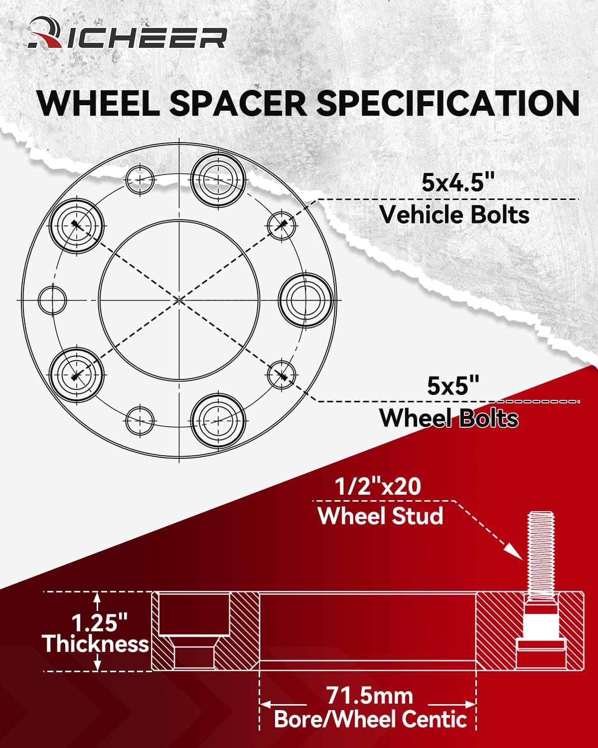 Richeer 4PCS 1.25" 5x4.5 to 5x5 Wheel Adapters for JK JKU WK WJ XK Wheels on XJ KJ ZJ KK TJ YJ Vehicle, 5x127mm Wheel on 5x114.3mm Vehicle to Wheel Spacers with 1/2"-20 Studs