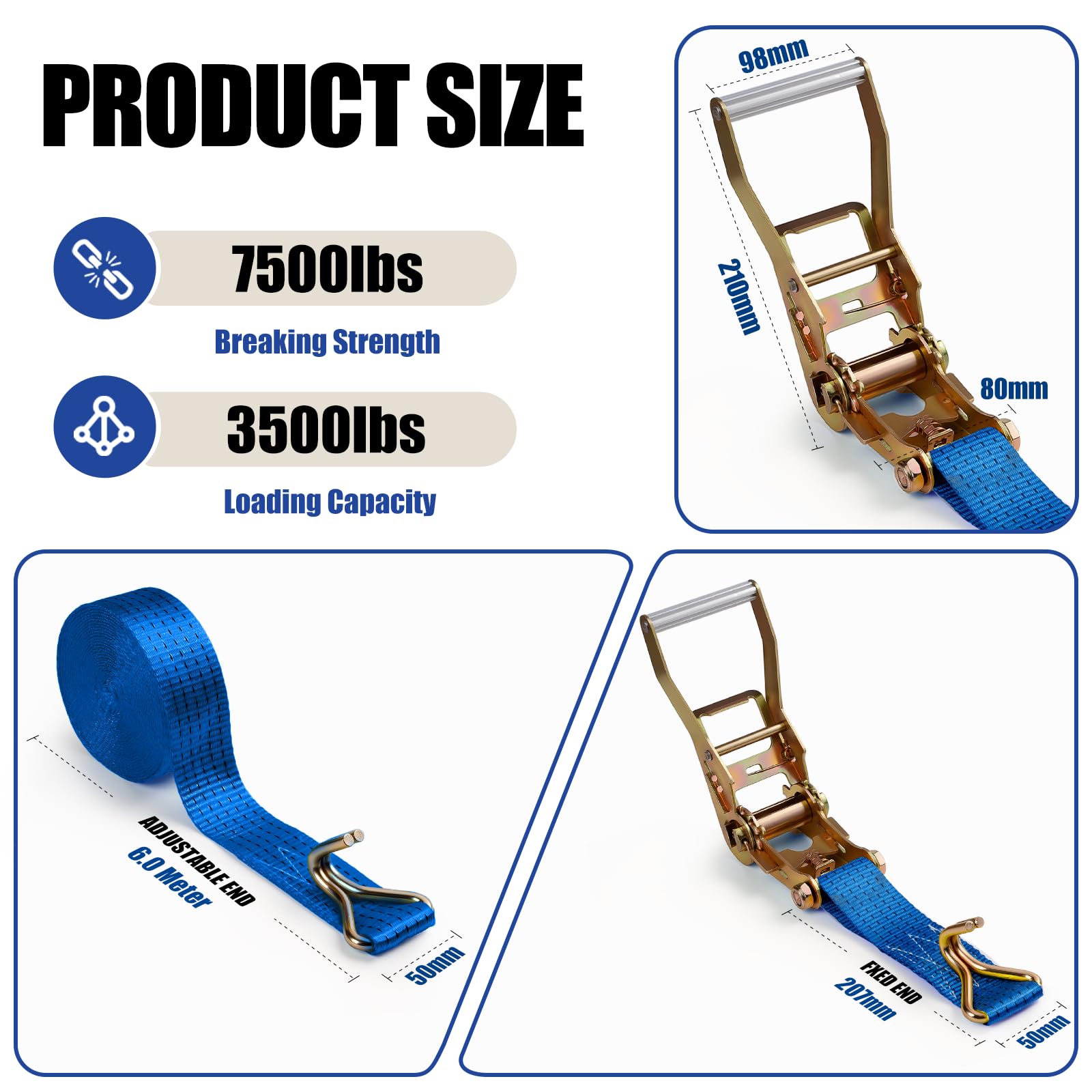 2 cinghie a cricchetto resistenti, 5 mm x 6 m, blu