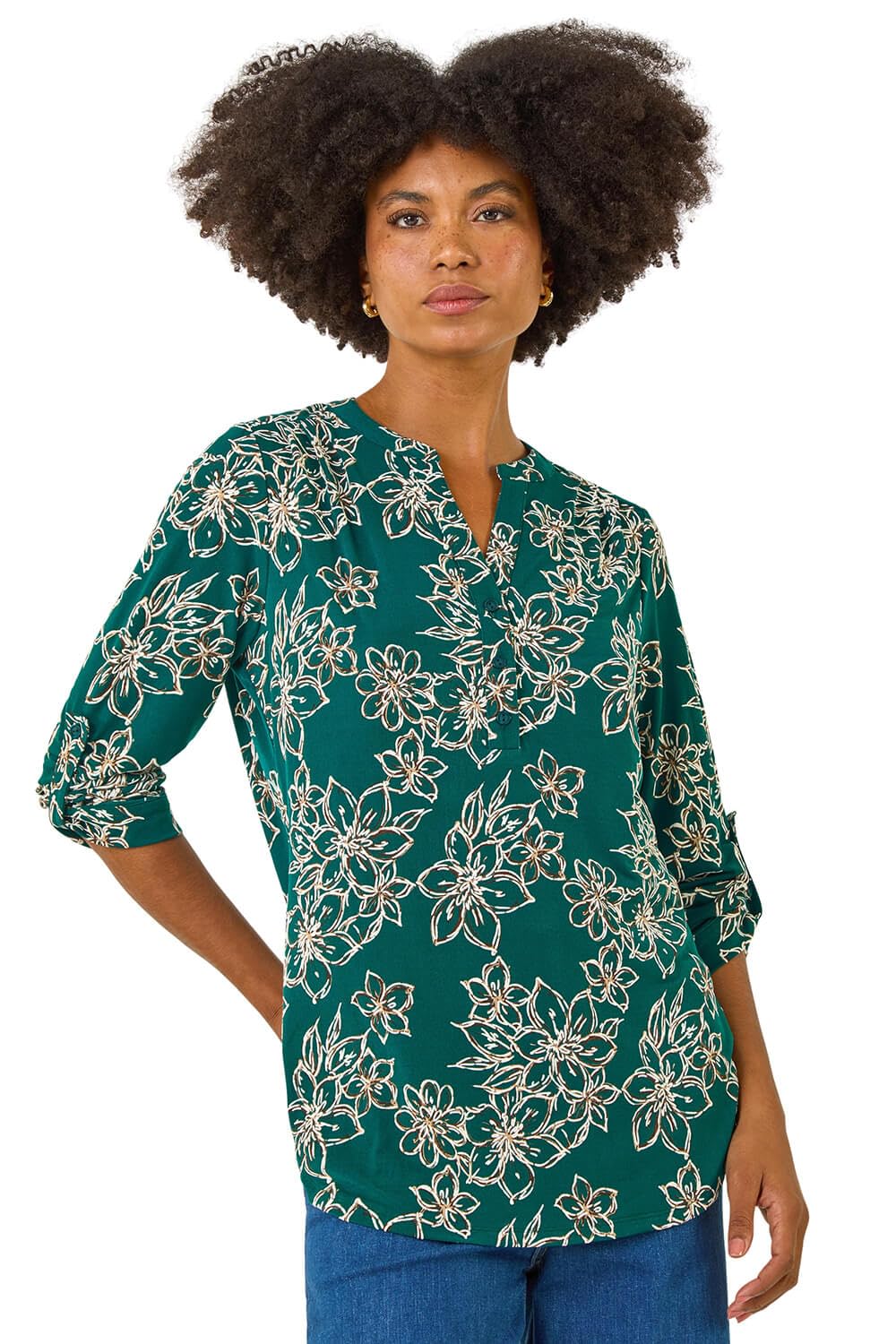 Roman Shirt for Women UK Ladies Top Collarless Blouse Stretchy Tunic Smart Casual Autumn Winter Jersey 3/4 Length Sleeve Notch V Neck Flattering Office Work
