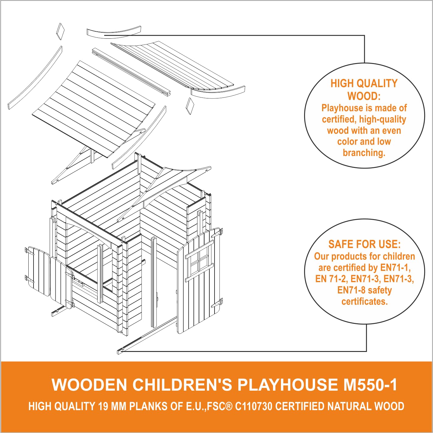 Casa de Madera para niños Exterior TIMBELA M550-1 112x146x152 cm 1,1m2