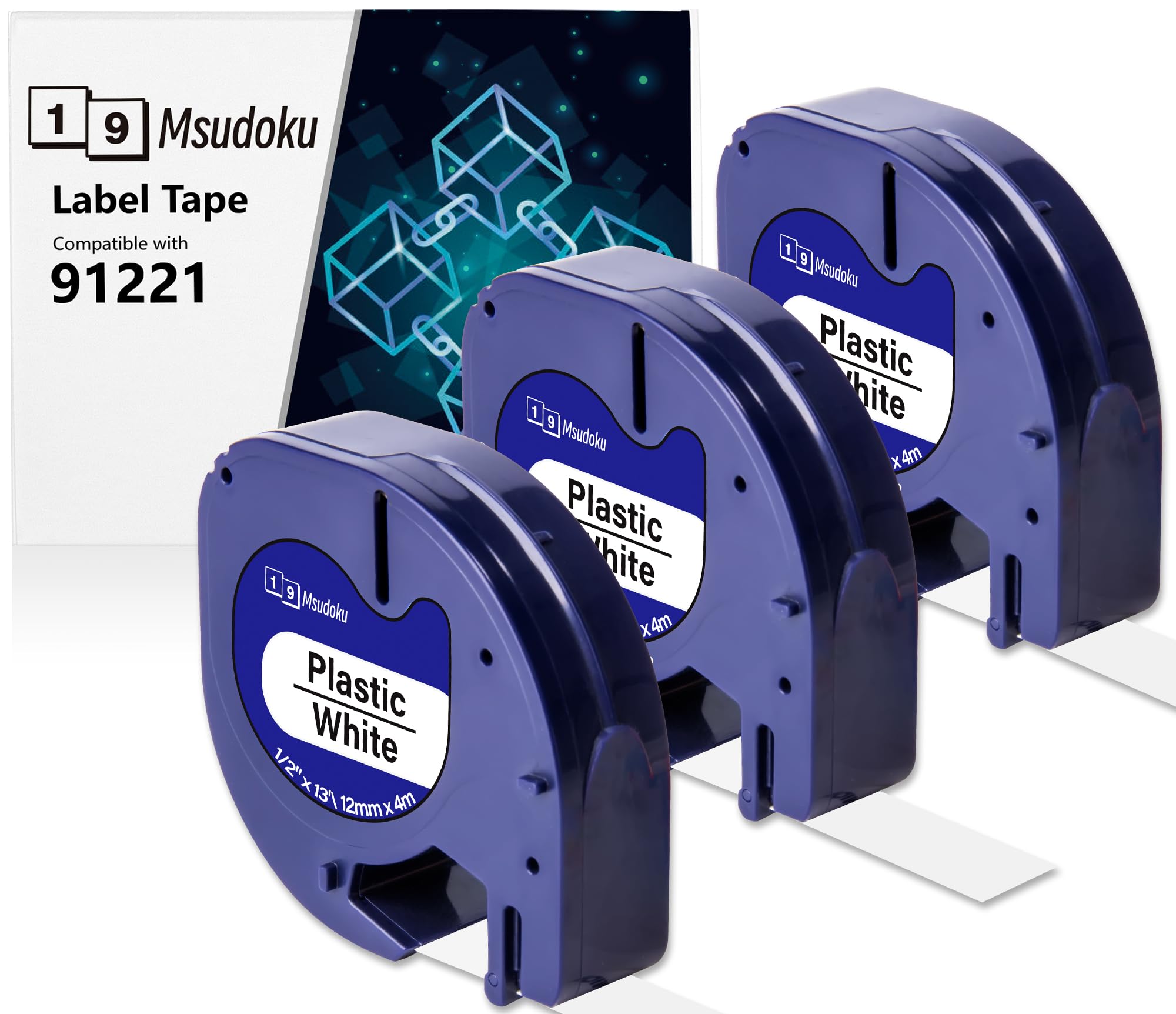 3 x Msudoku kompatybilna z Dymo 91221 12 mm x 4 m taśma do etykiet kompatybilna z Dymo Letratag Plastic White taśma do zapisywania S0721660 do Letra tag LT100H LT100T QX50 XR XM 200B