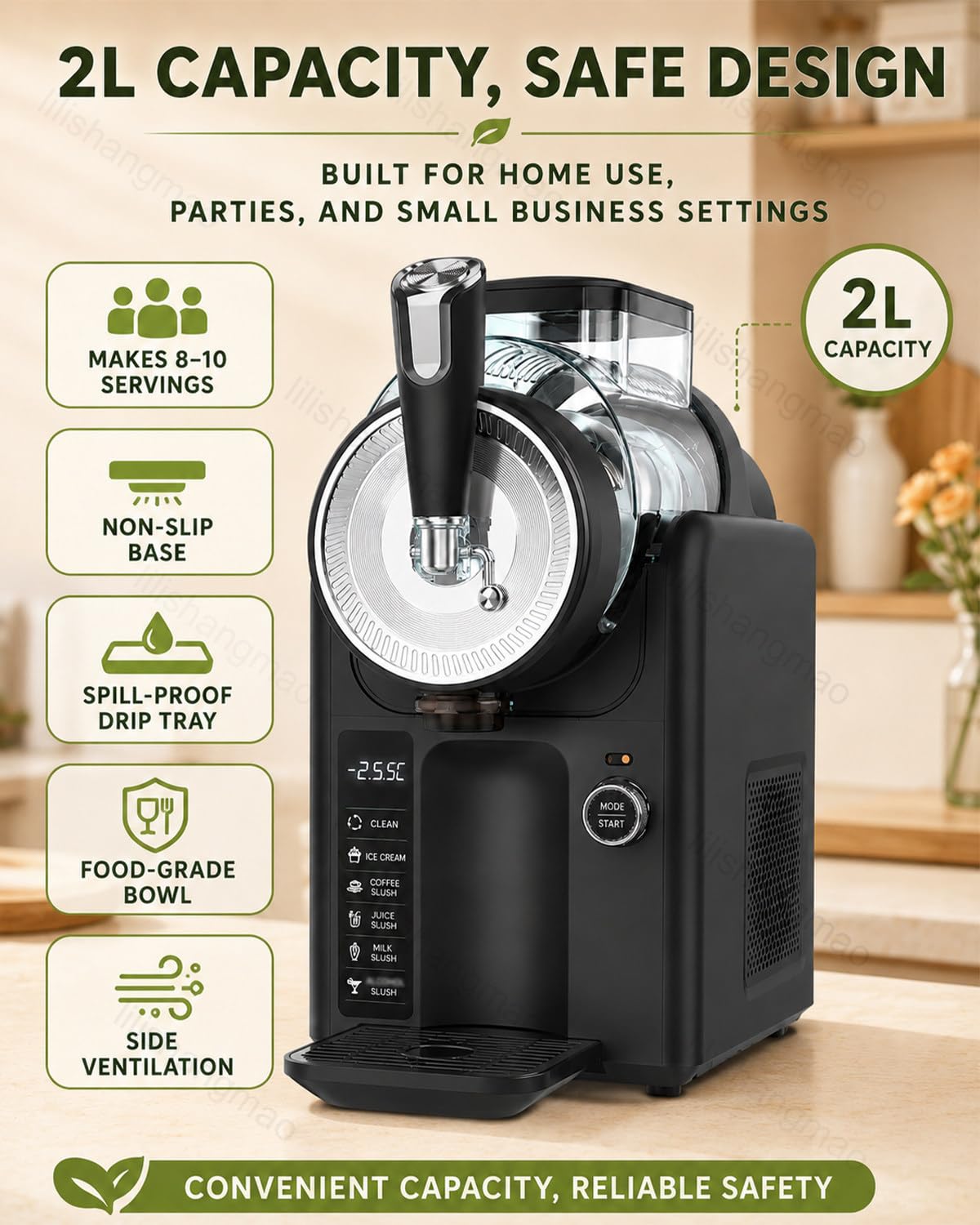 Máquina De Granizados Autolimpiante: Vierte El Líquido, Gira La Perilla Y Prepara Helado, Granizado, Batido, Frappé De Café Y Sorbete De Frutas. Máquina De Granizados De 2 litros Black
