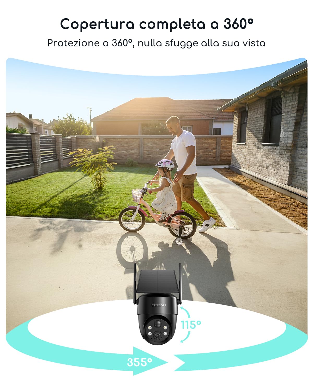 COOAU 2K Telecamera Wi-Fi Esterno Senza Fili,Videocamera Sorveglianza Esterno con Batteria,Ricaricabile a Bassa Luminosità, Facile da Installare,Visione Notturna a Colori,Rilevamento PIR,360° PTZ