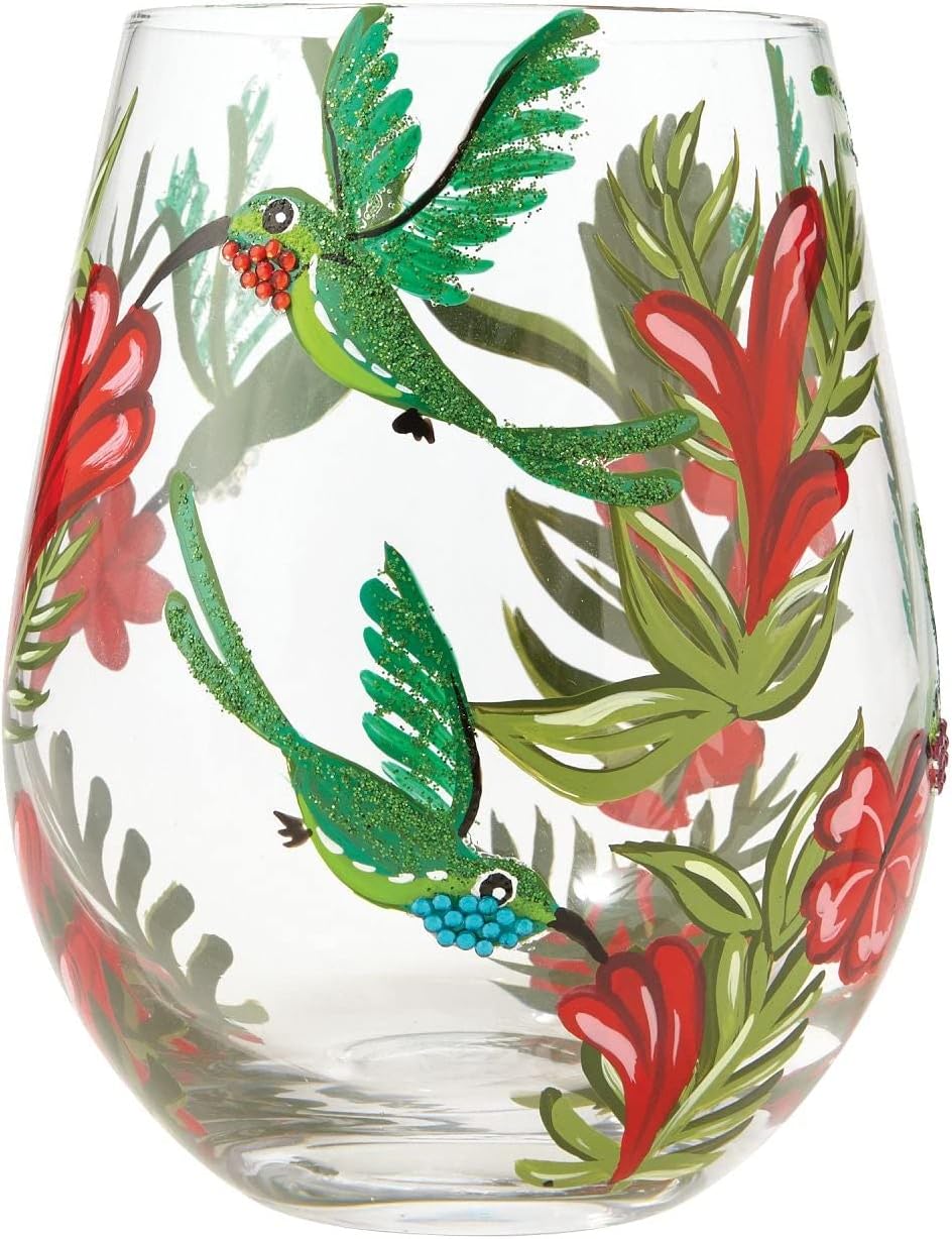 Enesco 6001313 Designs by Lolita “Hummingbird” Hand-painted Artisan, 20 oz. Stemless Wine Glass, Multicolor