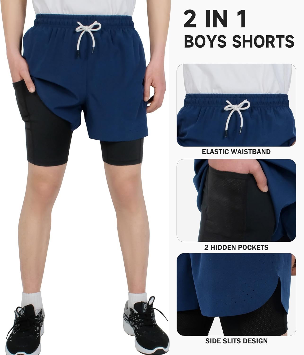TLAENSON Boys Running Shorts with Liner Kids 2 in 1 Quick Dry Workout Athletic Shorts with Pockets - Image 3