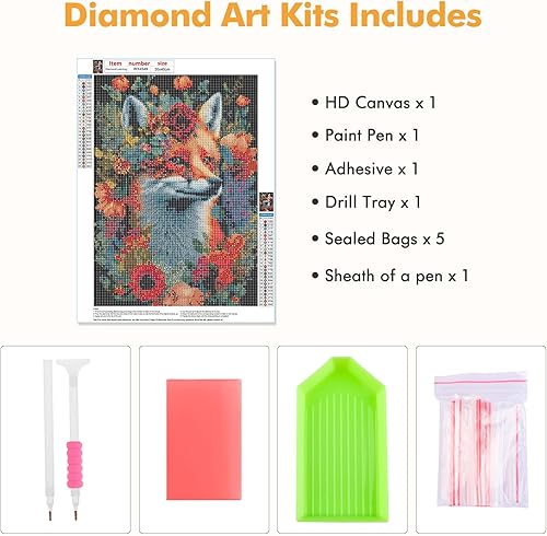 Miniatura 5 de MOGTAA Kits de pintura de diamantes de zorro para adultos, kits de arte de diamantes de flores para principiantes, kits de puntos de diamante 5D de