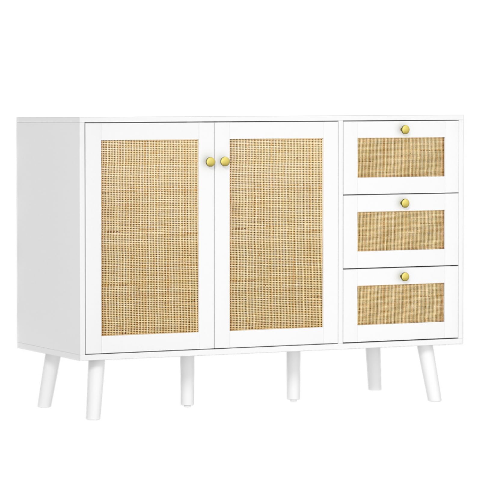 Rattan Sideboard Kommode, Weiß Aufbewahrungsschrank mit 2 Rattan Türen und 3 Schubladen für Esszimmer, Küche und Wohnzimmer, Küchenbuffet mit Verstellbares Regal Sideboard，120x40x82cm