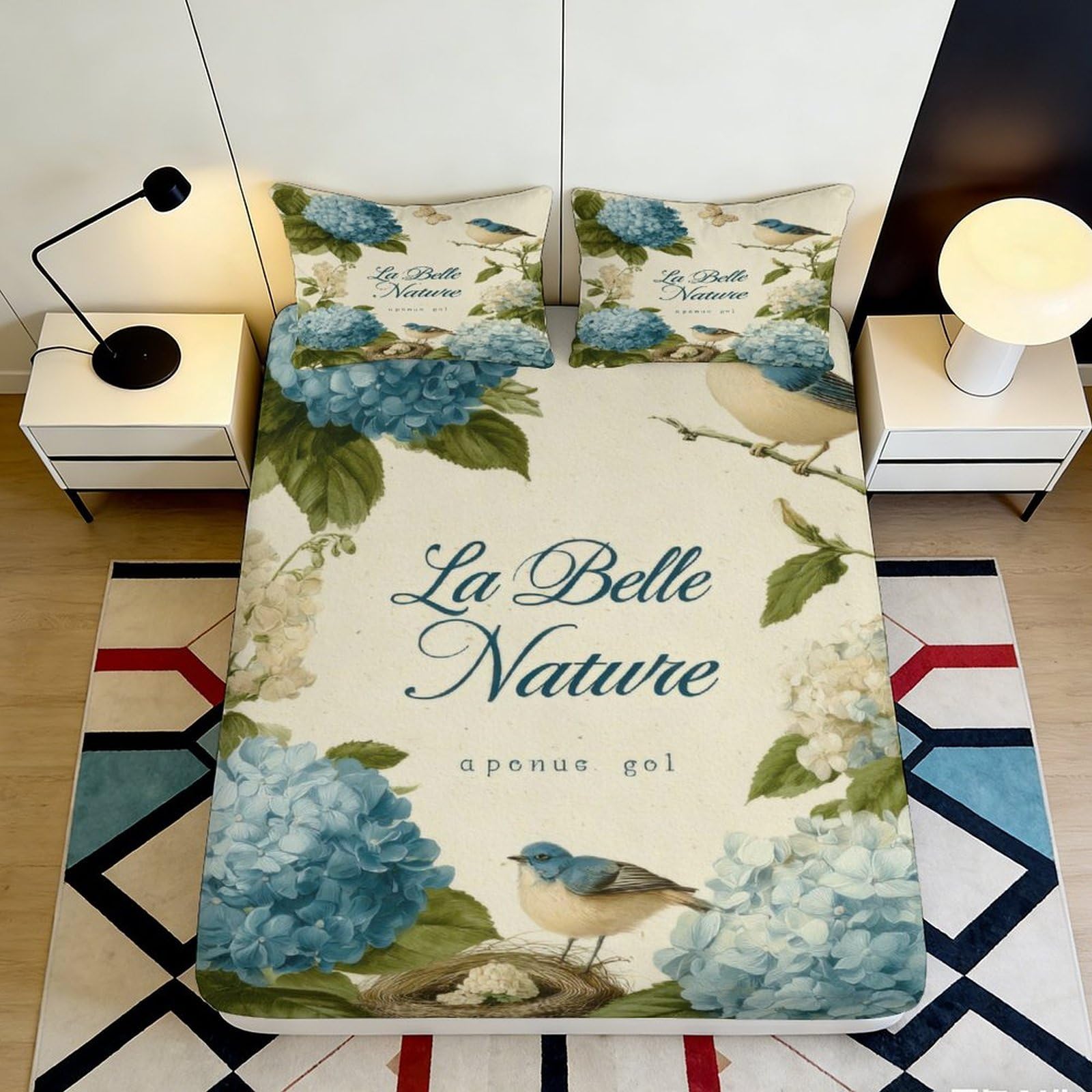 3D Printed Blue Hydrangea Bird Fitted Sheet Microfiber Soft Mattress Cover Nature Art for Bedroom Dorm Bed Decor 90x200x25cm