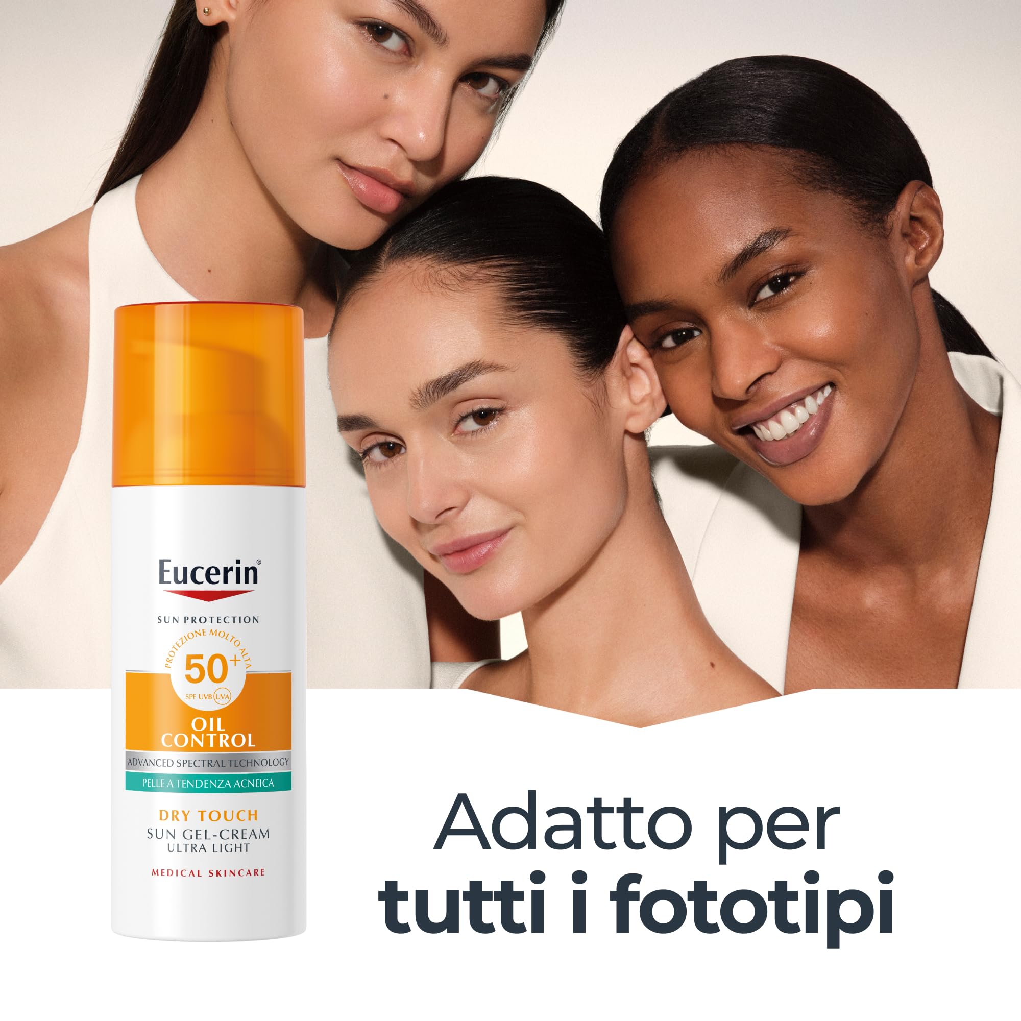 Eucerin Oil Control Dry Touch Face Sun Gel-Creme SPF50+ 50 ml, Crema solare viso 50+ opacizzante, Protezione solare viso 50+ senza profumo, Texture ultra leggera per pelle grassa, acneica e sensibile