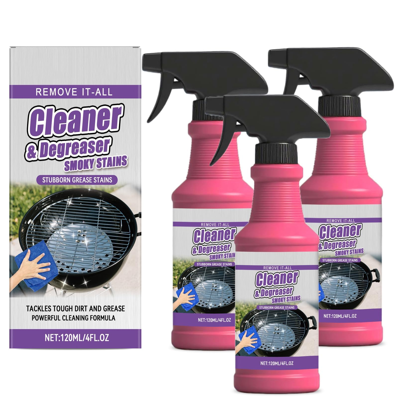 Fast-Acting Heavy-Duty Grill Degreaser Spray, Nettoyant Barbecue & All Purpose Degreaser – BBQ Grill Cleaner, Heavy Duty Oil Cleaning Agent for Smoker, Stains and Stubborn Grease (3PC)