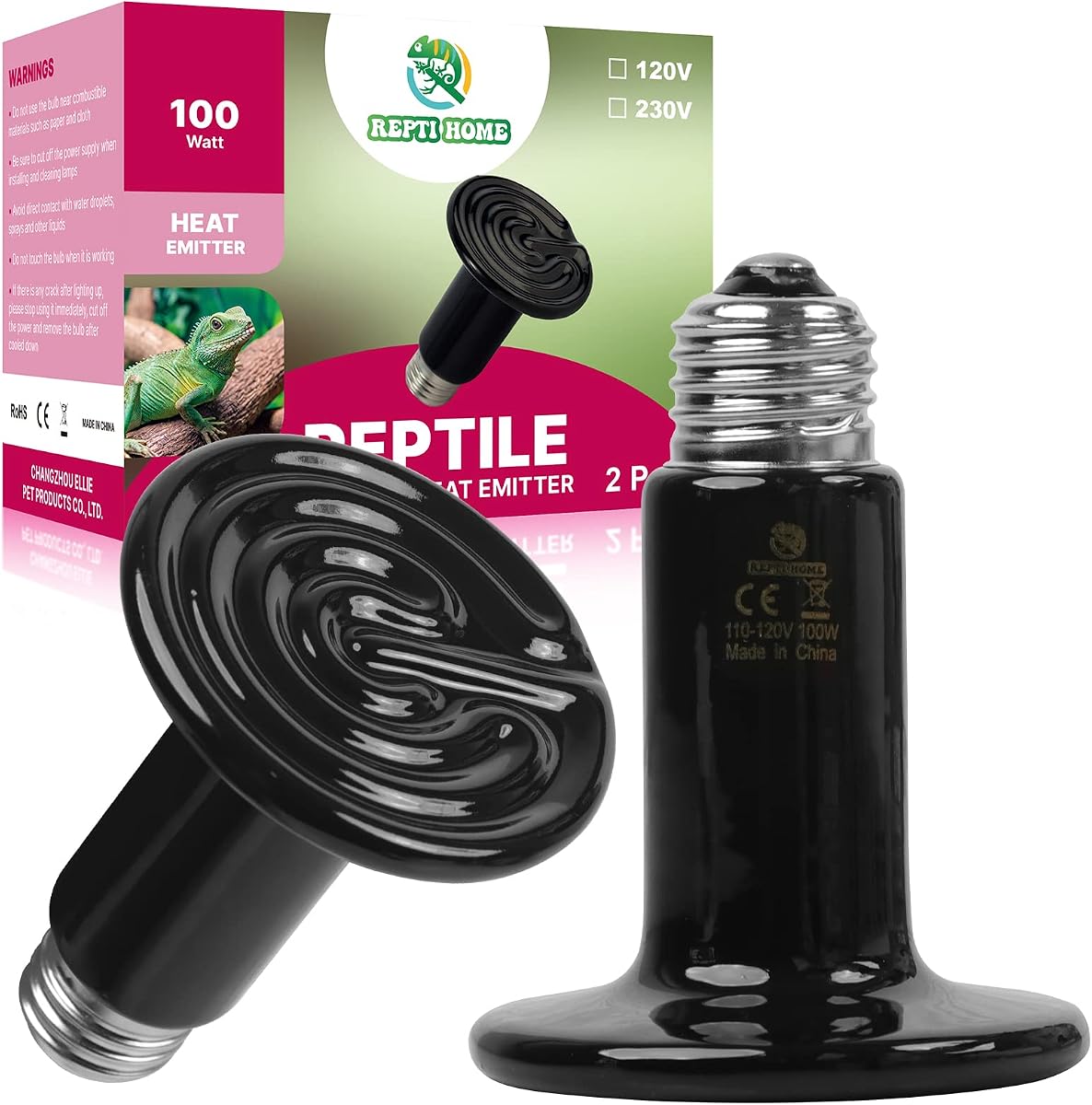 100W Ceramic Heat Emitter (2 Pack), Reptile Heat Lamp Bulbs, Ceramic Heater for Amphibian, Pet Brooder Coop, Chicken, Dog, Cat