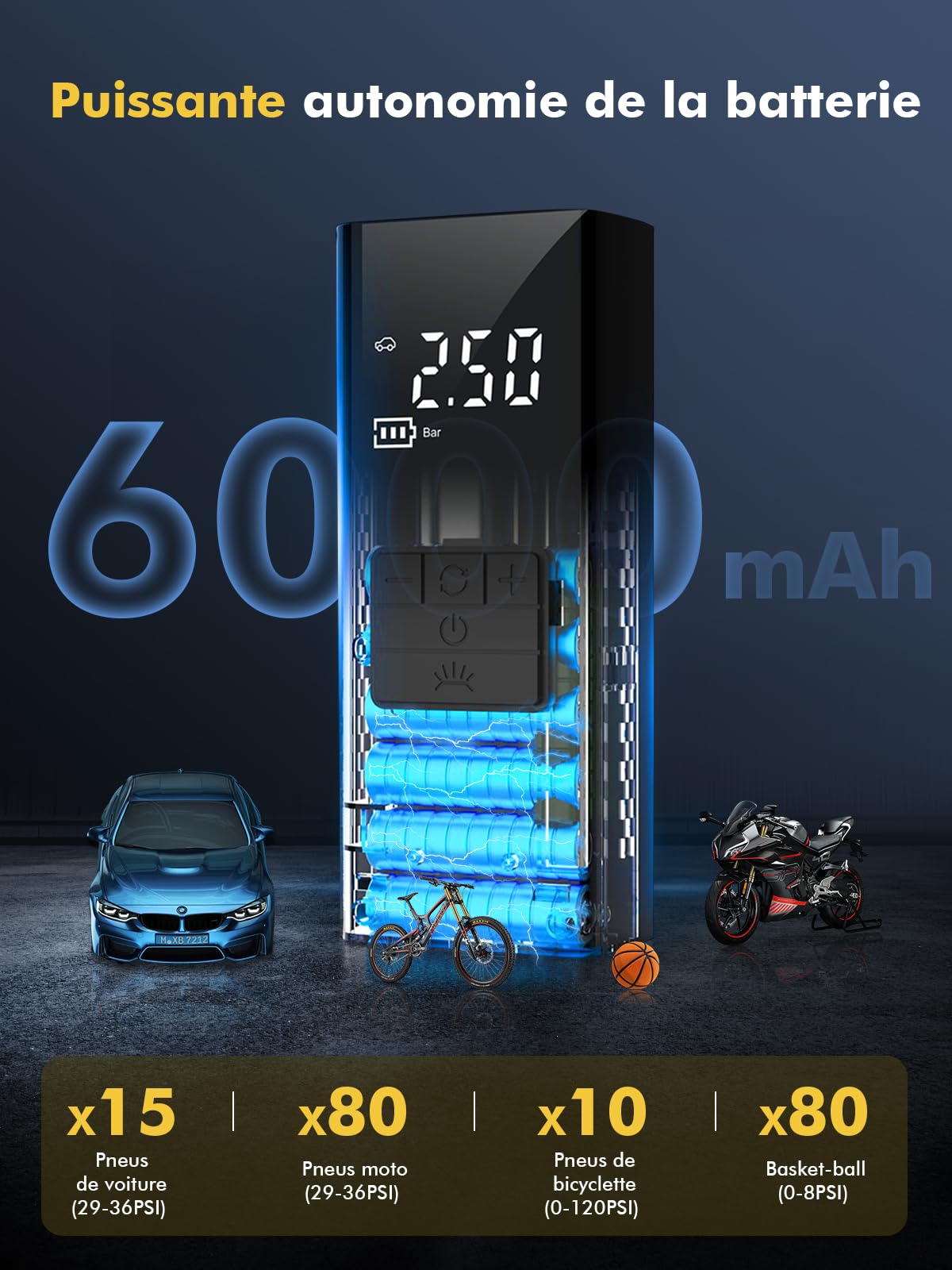 DIHOOM Compresseur à Air Portatif 45L/Min avec Batterie 6000mAh | Gonfleur Pneus Voiture Rapide, Support Banque d'Énergie, Éclairage LED - 4 Modes - Idéal pour Voitures, Vélos, Motos, Ballons