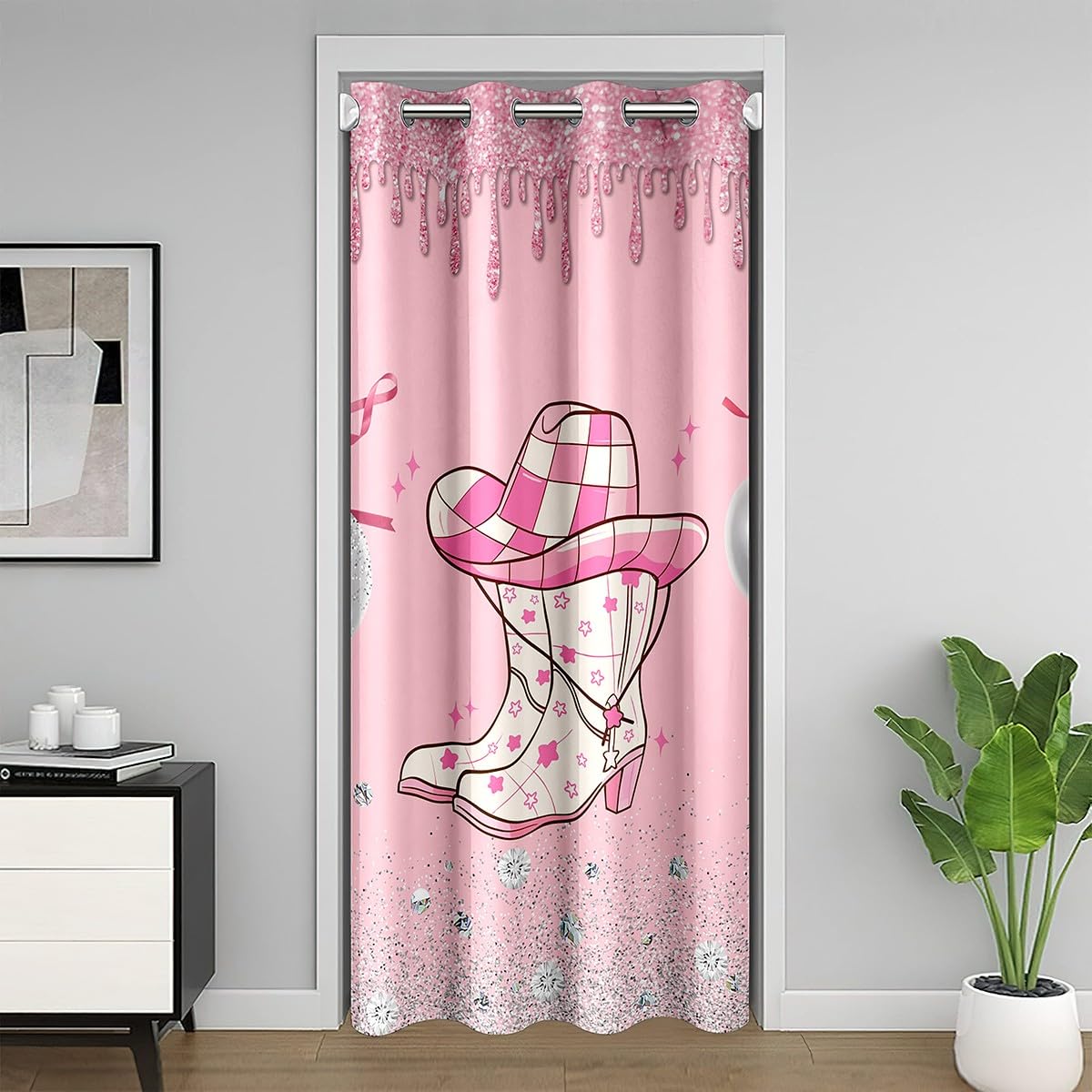 Rideau de porte western rose 86x203 cm avec chapeau de cowboy pour chambre