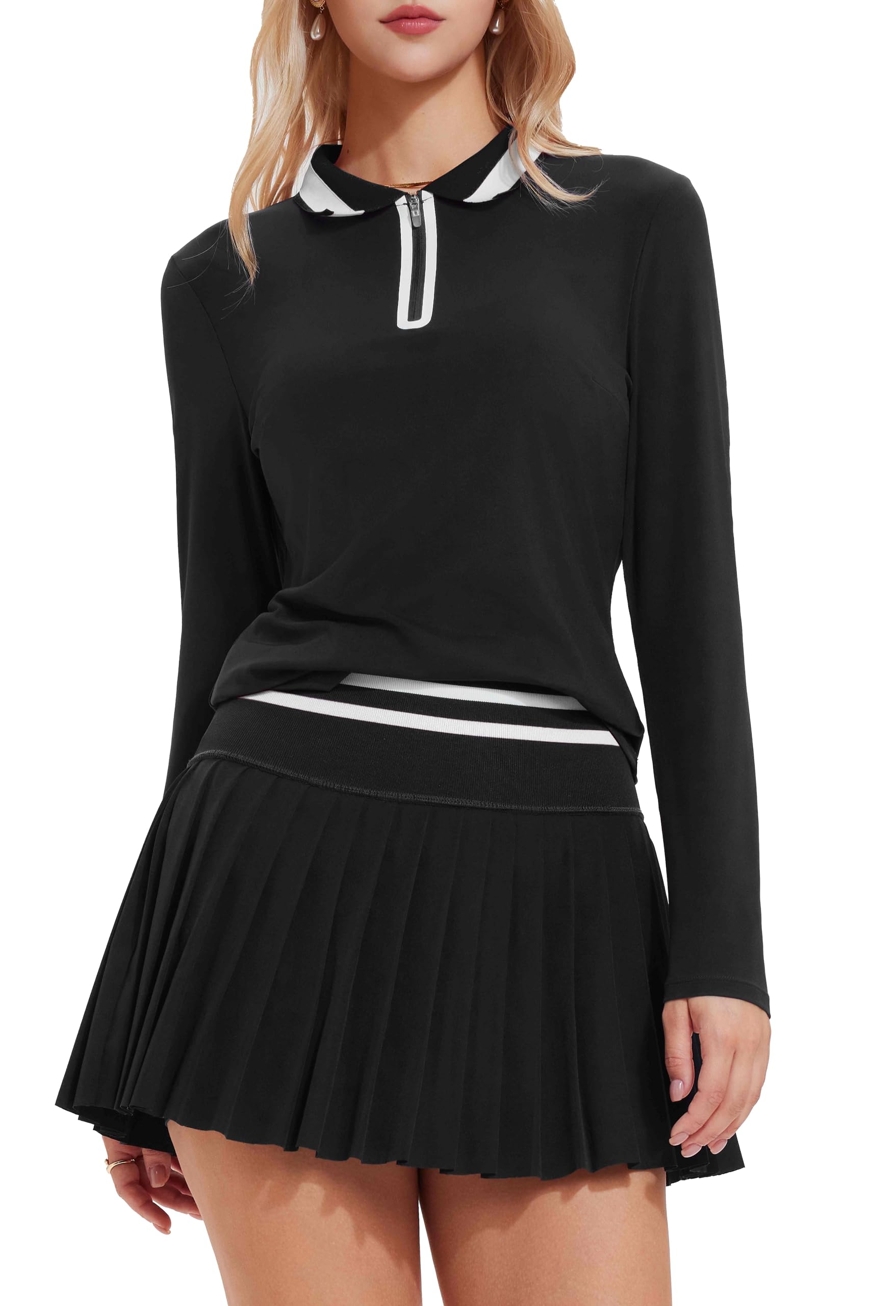 Tennis Skirt Sets for Women Zipper Color Block High Waisted Golf Polo Two Piece Skirt Set Women 2 Piece Outfits