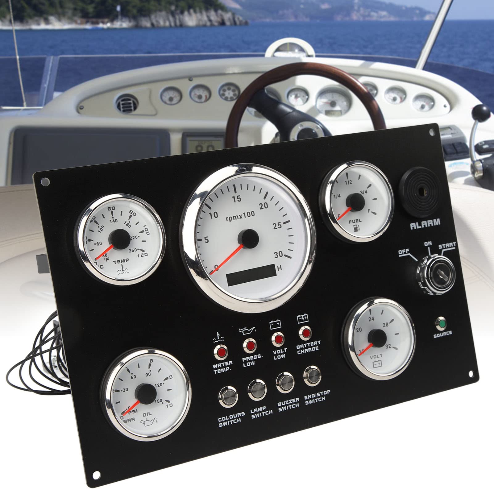 Panel de calibre marino Torvex, grupo de instrumentos de calibre 5, 24 V, 3000 RPM, con retroiluminación de 7 colores, voltaje de presión de aceite para barco y yate