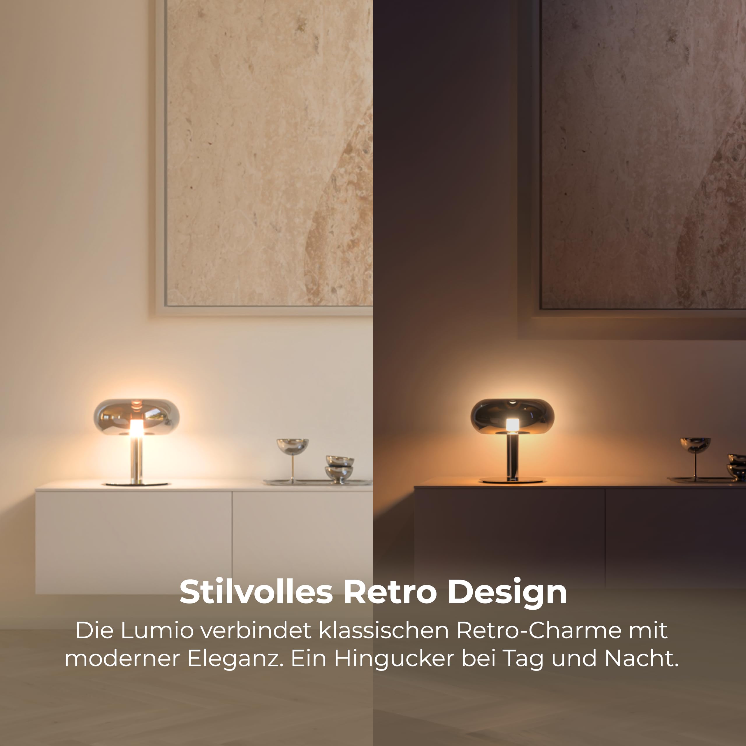 NEONA Lumio LED-Tischleuchte Retro – Dimmbar mit Touch-Funktion | Design-Pilzlampe in Chrom, Schwarz-Chrom & Orange | Moderne LED-Nachttischlampe für Sideboard, Schreibtisch & Wohnbereich