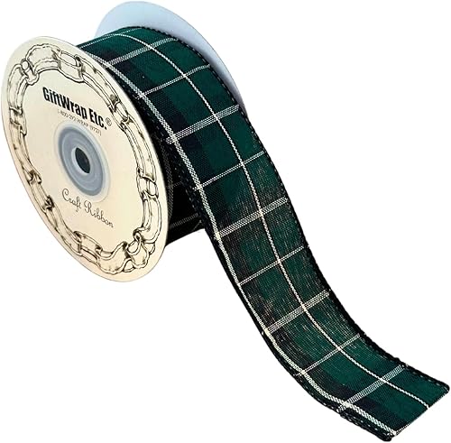 Miniatura 3 de Cinta navideña de tartán navideño con alambre, 1 12 pulgadas x 10 yardas, a cuadros negros, dorados y verdes, corona, envoltura de regalos, lazos,