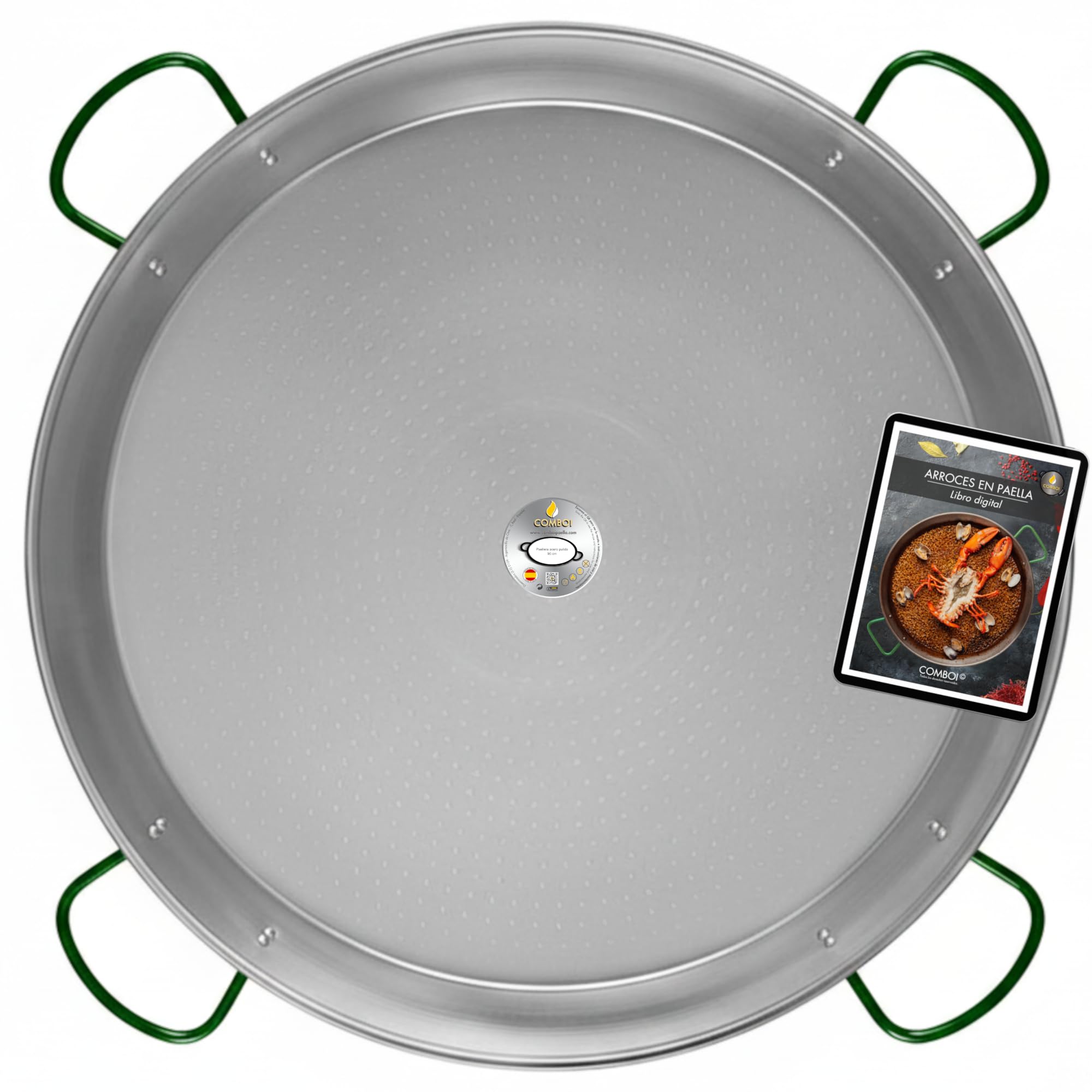 COMBOI - Paellera in acciaio lucido 90 cm, grande paellera per 40-50 porzioni, adatta per gas, legna e paelleros, prodotta in Spagna, include ricettario digitale. (90 cm)