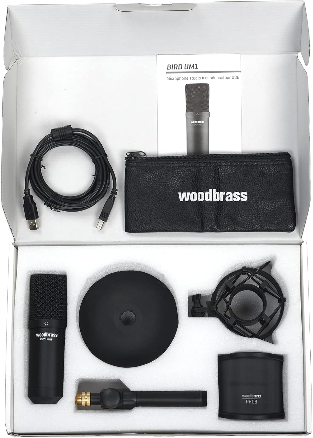 WOODBRASS Bird UM1 Podcast Pack Negro – Micrófono Cardioide USB con Condensador PC y Mac para Radiodifusión y Grabación, Streaming, Podcasting, Conferencia, Home Studio Mao, Voice Off