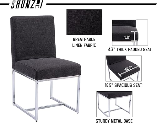 Miniatura 4 de Juego de 2 sillas de comedor modernas tapizadas de lino de mediados de siglo, sillas laterales sin brazos, cómodas sillas de cocina con base de