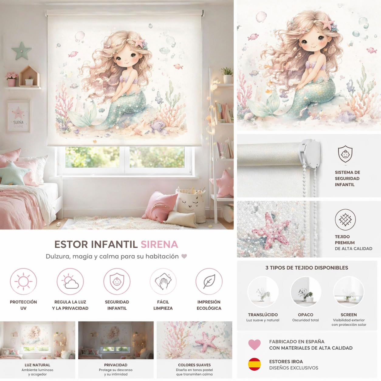 Estor Enrollable Infantil Niña a Medida – Diseño Sirena – Tejid Translucido Calidad - Decoración Habitación Infantil – Hecho en España