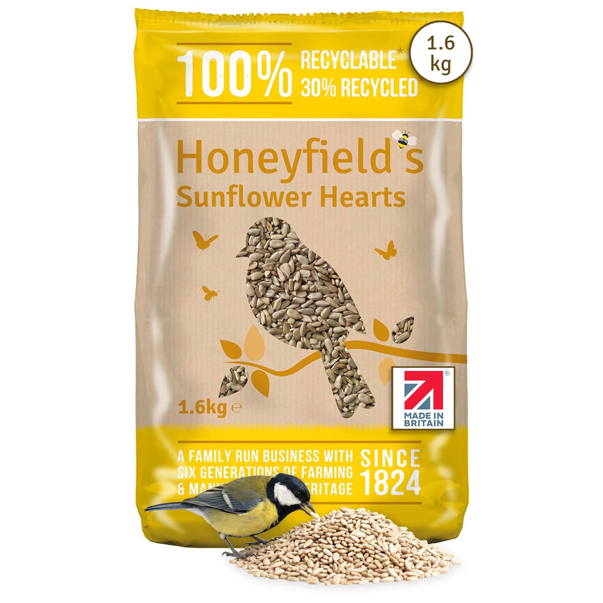 Honeyfield’s - Sunflower Hearts, Wild Bird Food for Outside Birds, High in Energy and Protein, Great for Hanging Feeders, Bird Tables, and Ground Feeding, Bulk Bag (1.6kg)