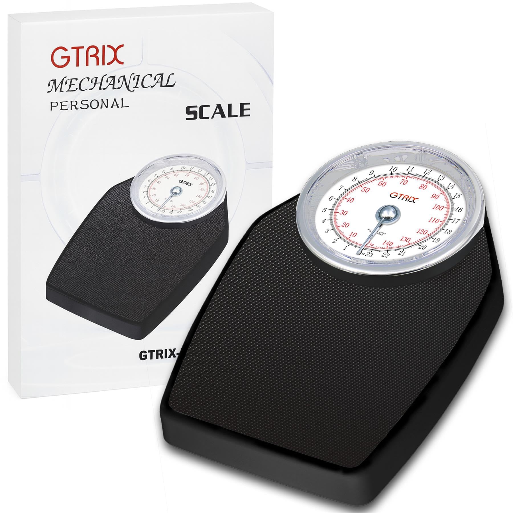 Bilancia pesapersone da bagno stile medico grande quadrante facile lettura fino a 150 kg 23 pietra 4,1 kg meccanica nera Gtrix accurata incrementi 500g antiscivolo analogico