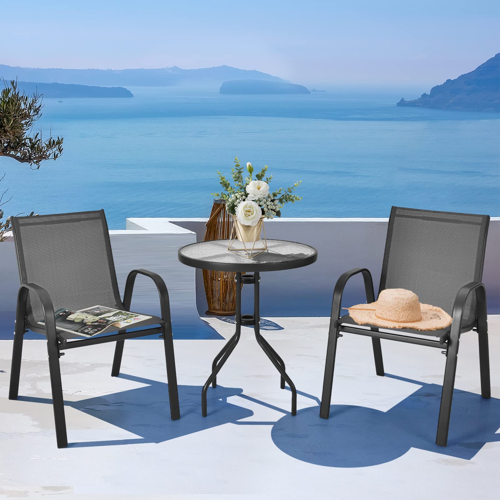 KOMFOTTEU Set da Bistrò in Tessuto Textilene, Set da Giardino in 3 Pezzi, Tavolo Rotondo in Vetro Portato 50 kg, Sedie Portate 150 kg, Set Tavolo e Sedie da Esterno, Patio, Cortile, Veranda (Nero)