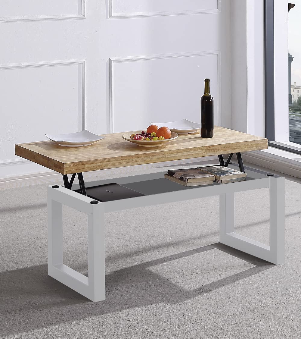 Home Heavenly®- Mesa Centro elevable Darek. Almacenaje Interior. Mesita salón Madera. Patas metálicas. (White)