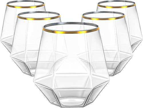 Lullaby 40 copas de vino de plástico con borde dorado, vasos de vino desechables transparentes de 12 onzas para cócteles de whisky y champán,