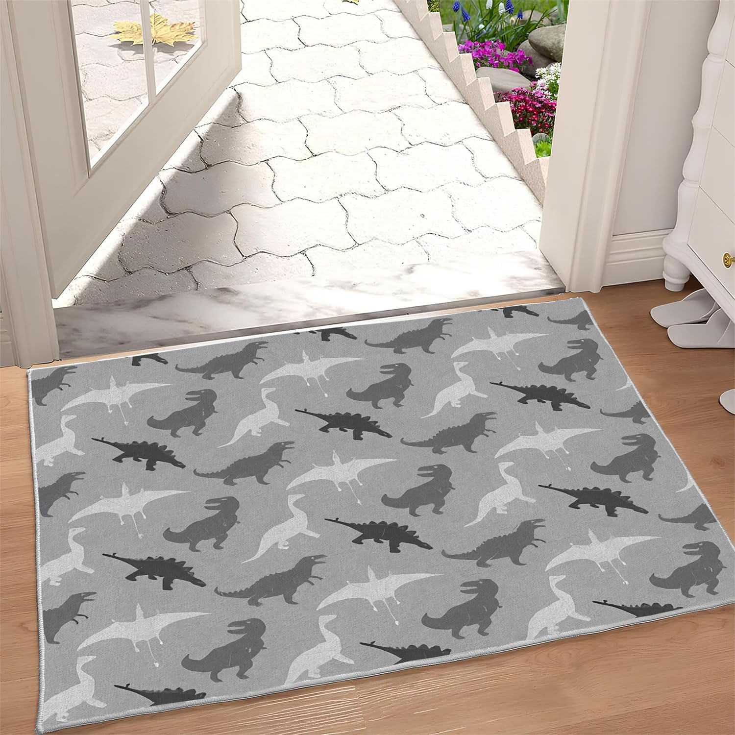 Dinosaur Area Rug 2x3, Grey Washable Entryway Rugs Indoor, Non Slip Low Pile Area Rug for Bedroom Carpet, Small Rugs for Office Nursery Play Mat(A75)