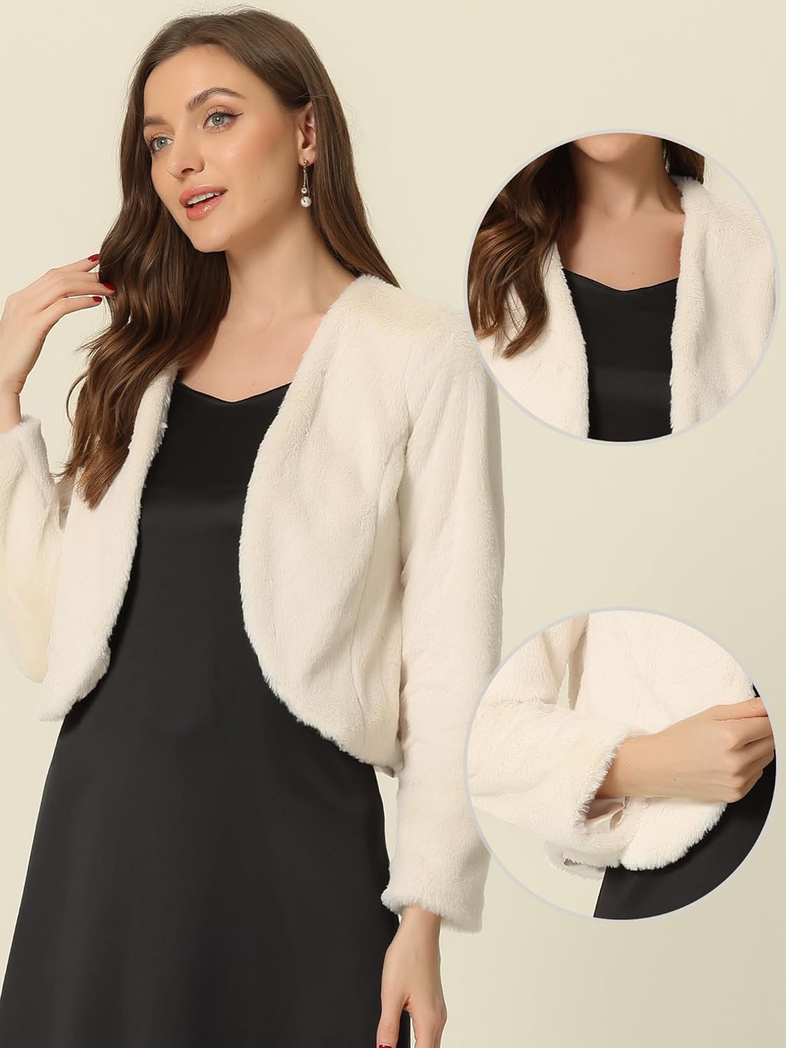 Allegra K Cropped Jacket for Women's Faux Fur with Pockets Long Sleeve Open Front Wedding Bolero Gowns Coat - Image 3