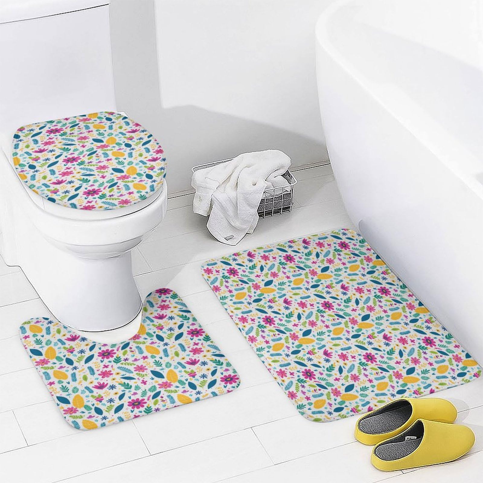 Flores y Plantas Baño de Cuatro Piezas Alfombra De Baño De Piedra, Antideslizante Y Resistente, Ideal para Baño Y Cocina 183×183cm