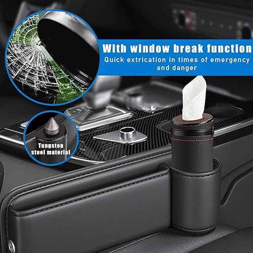 Miniatura 3 de Suvnie Soporte para pañuelos de automóvil, caja de pañuelos cilíndrica automática con rompeventanas, contenedor de pañuelos redondos de cuero para