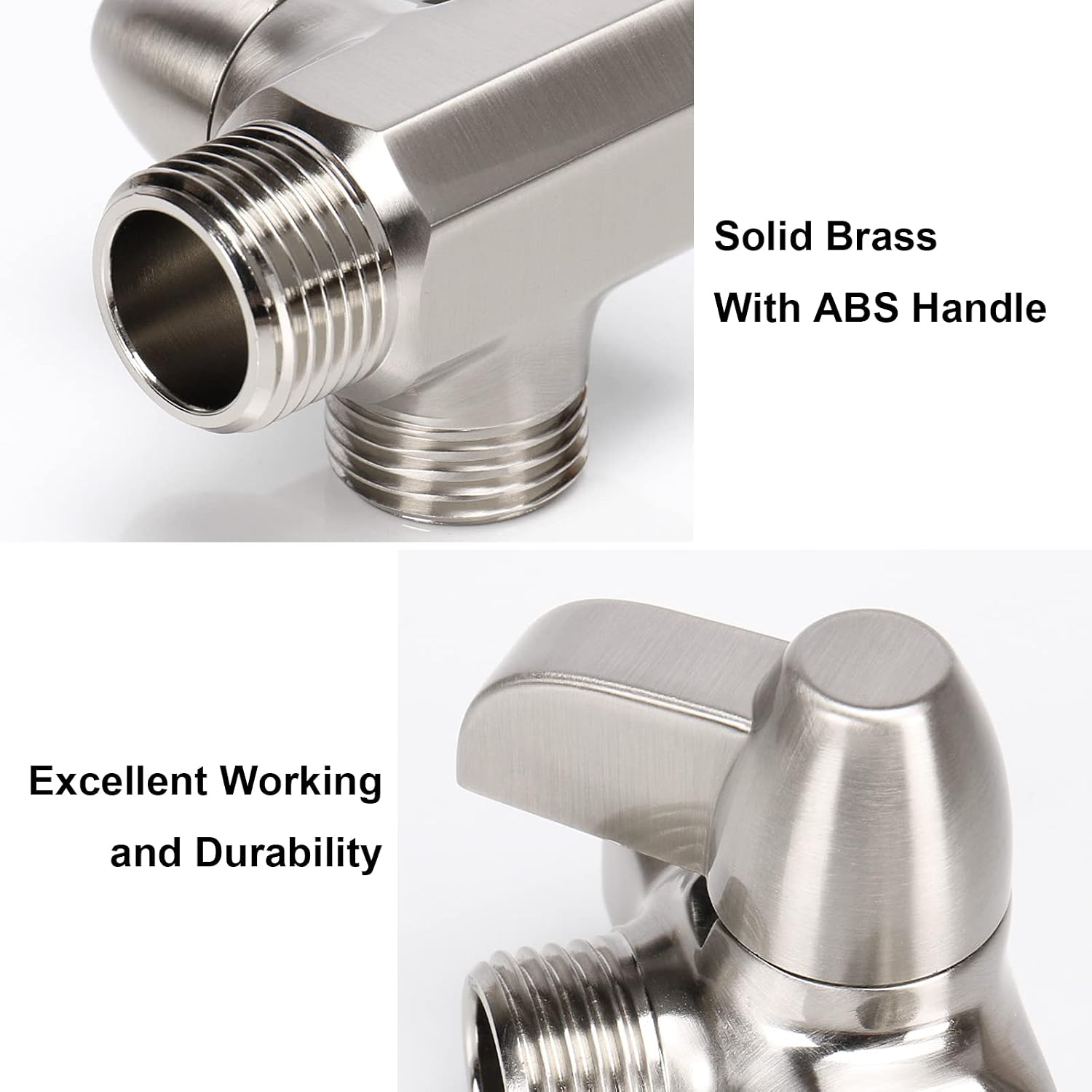 NearMoon Solid Brass G1/2" Shower Arm 2-Way Diverter Valve for Hand Shower and Fixed Spray Head T-Adapter (Brushed Nickel)