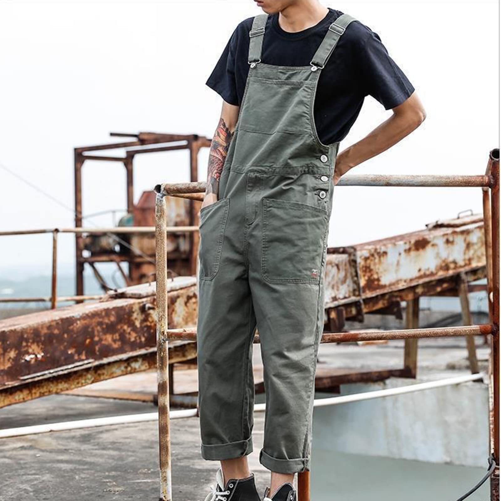 Overol con peto para hombre, de pierna ancha, de algodón, moderno, ajustado, ajuste relajado, casual, con bolsillos, pantalones cargo ligeros, para adultos, para trabajo, al aire libre, overol