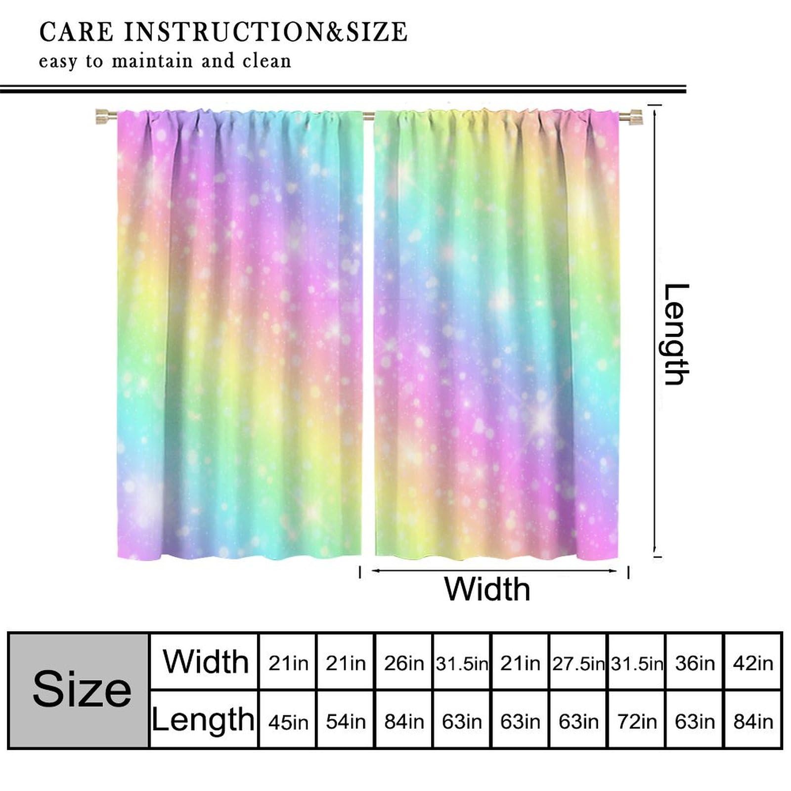 JanJCurt Rainbow Curtains, Tie Dye Pastel Colorful Sky Stars Cartoon Window Drapes for Sweet Princess Glitter Girly Bedroom Living Room, 84