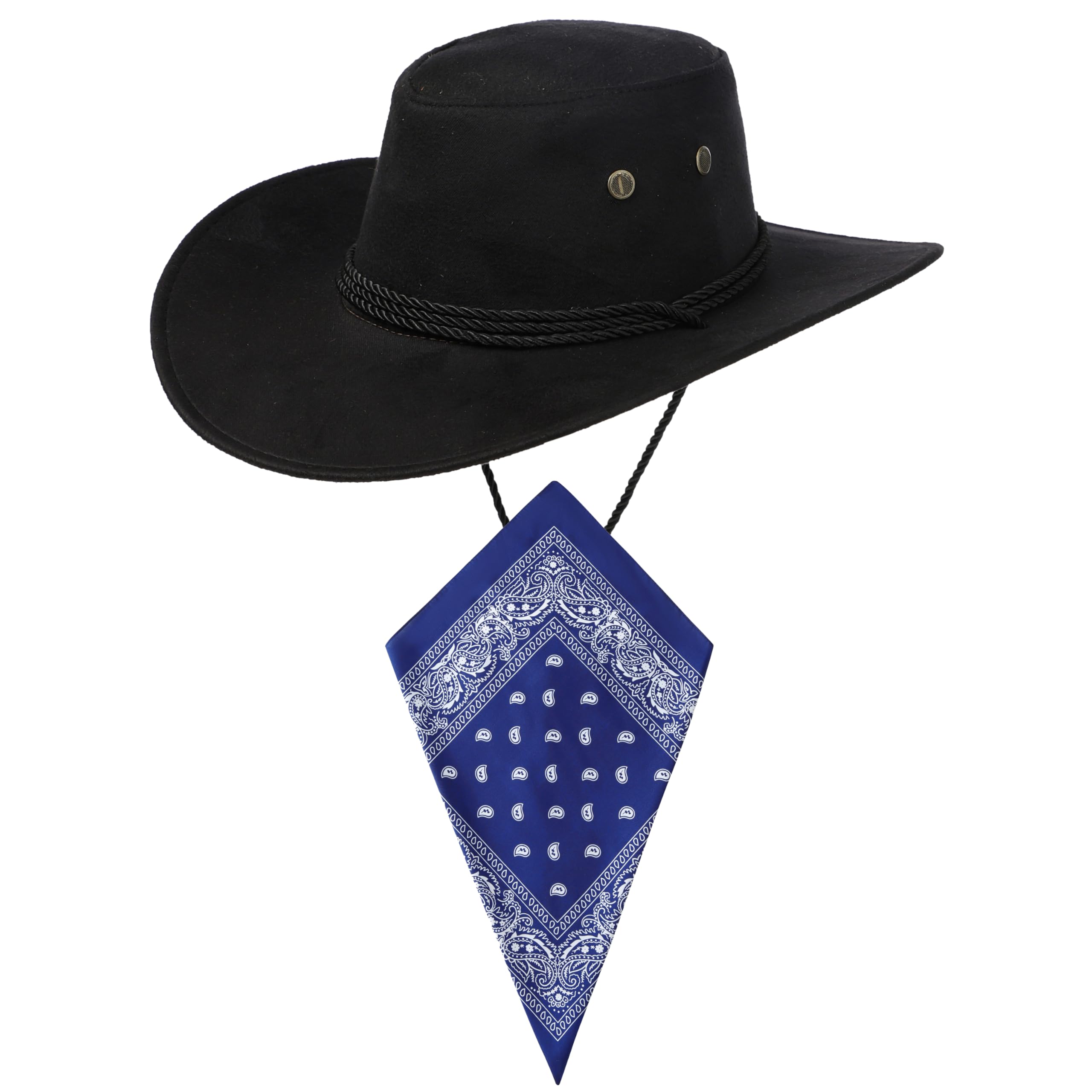 Komonee Black Cowboy Hat and Blue Bandana Western Sun Cap Faux Felt Leather Suede Fancy Dress Party Costume Outfit Neckscarf Sun Protection Mens Womens