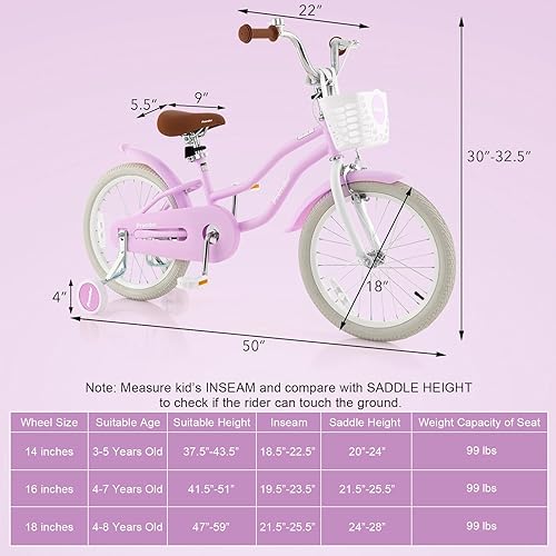 Miniatura 8 de BABY JOY Bicicleta para niños de 14, 16, 18 pulgadas, para niños de 3 a 8 años, con ruedas de entrenamiento, asiento ajustable, cesta extraíble,