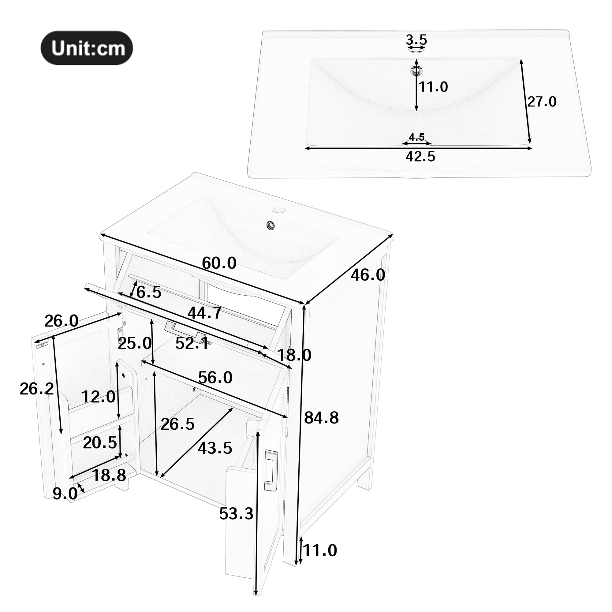 BTM Waschtisch Stehend mit Unterschrank 60cm Breiter Badezimmerschrank Integriertes Waschbecken mit Schubladen Weiß