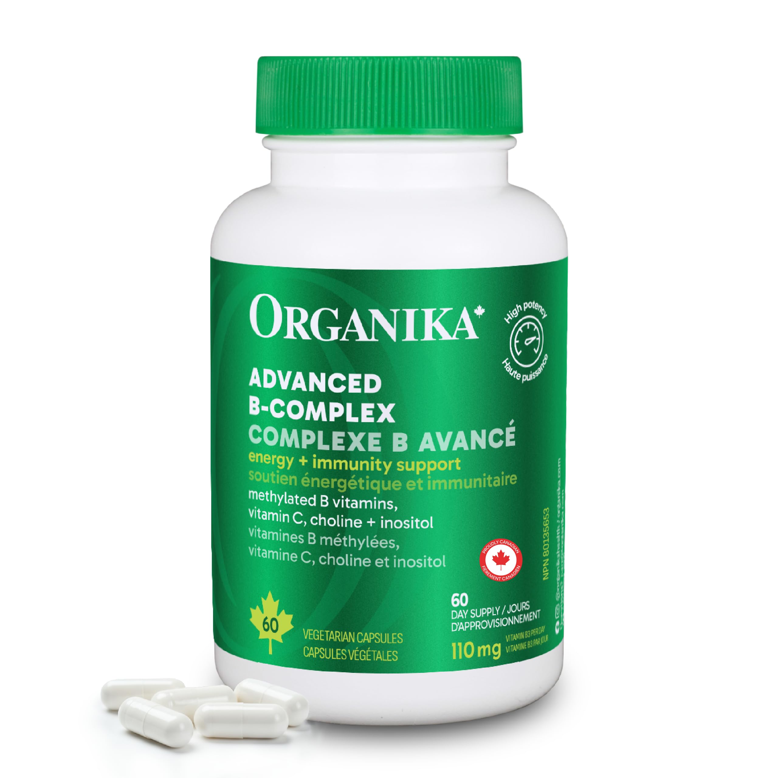 Organika Canadian-Made Advanced B-Complex 110mg- Energy and Immunity Support, Methylated B-Vitamins for Enhanced Absorption- 60vcaps