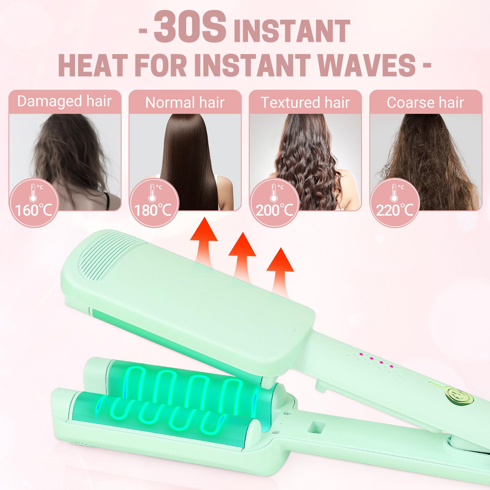 Rizador de Pelo Ondas 32mm, Beach Waves Plancha Ondas, Rizador Francés Iónico con 4 Temperaturas Ajustables, Antiquemaduras, Ideal para Principiantes y Todo Tipo de Cabello