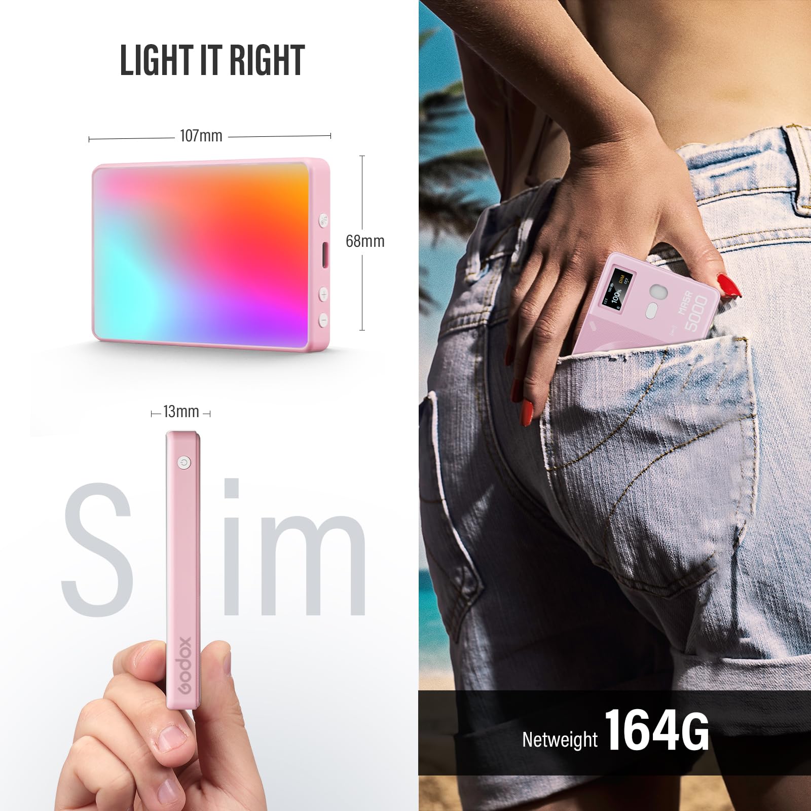 GODOX MA5R Magnetic Full Colour RGB Video Light, 1800K-10000K 14 Pre-Programmed Effects LED Light Photo for Selfie DSLR Camera (rosa)