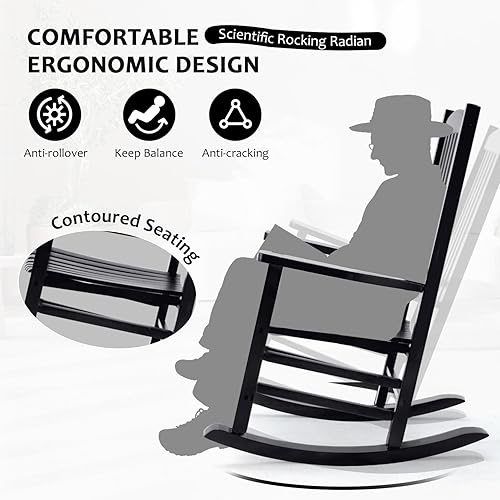 Miniatura 5 de Hupmad Silla mecedora de madera de gran tamaño para porche, balancín de patio al aire libre con respaldo alto y reposabrazos, listones para todo